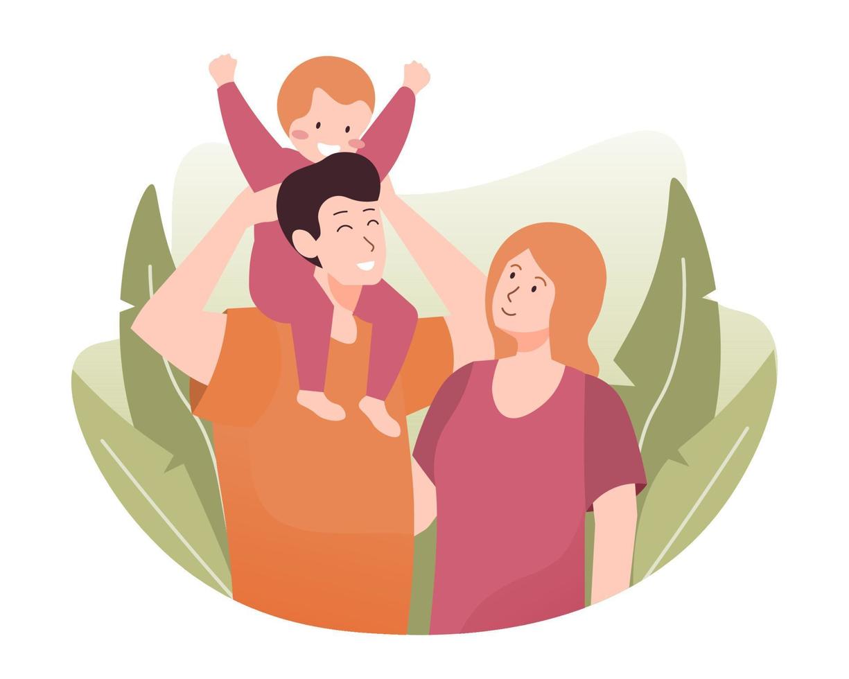 Lycklig familj illustration. mor, far och deras liten unge. far ger son piggyback rida vektor