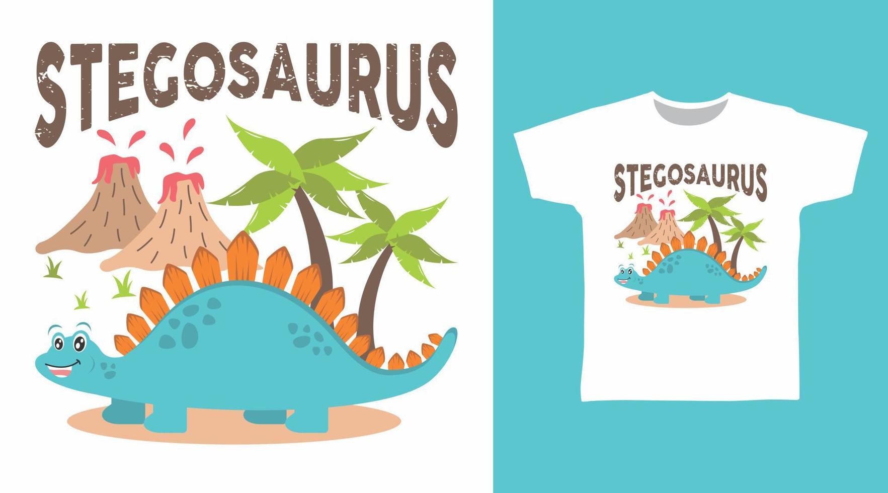 söt stegosaurus dinosaurie med träd och berg tecknad serie vektor illustration design
