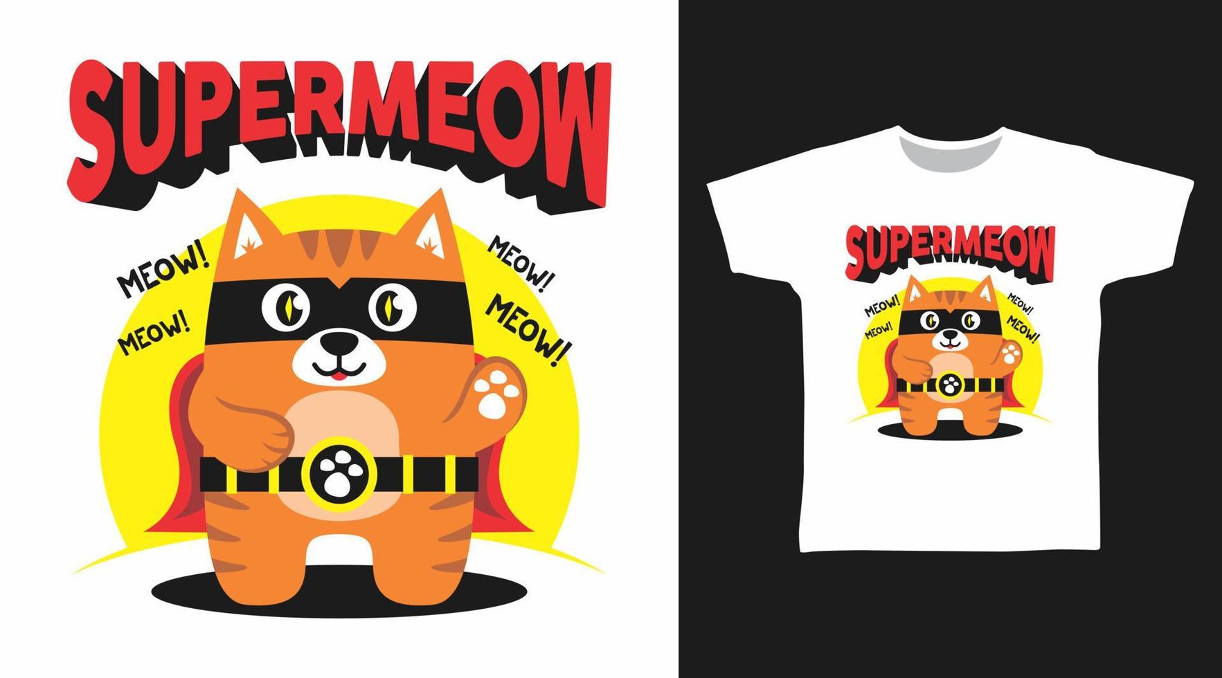 niedliche Supermeow-Katzendesign-Vektorillustration, die zum Drucken auf T-Shirts bereit ist. vektor