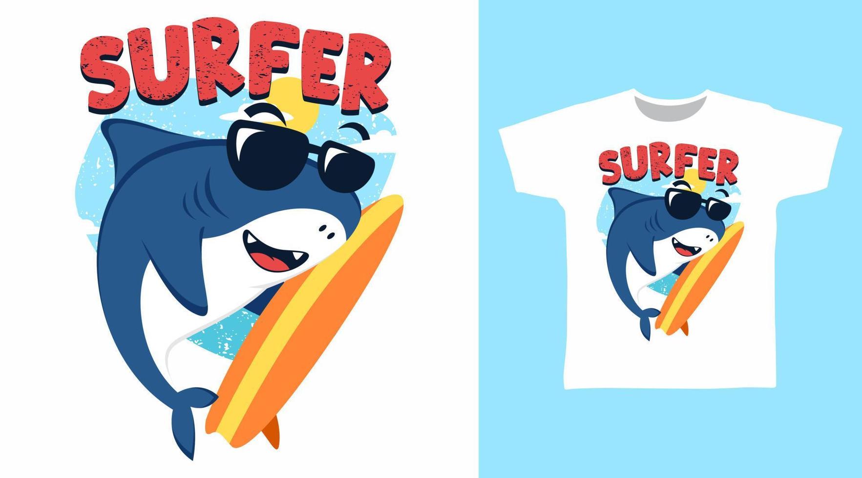 Surfer Hai Illustration T-Shirt Design Vektorkonzept. vektor