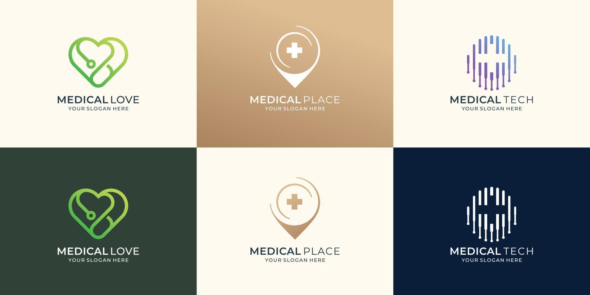 uppsättning av samling medicinsk logotyp design inspiration, medicinsk korsa plus, kärlek symbol, tech begrepp. vektor