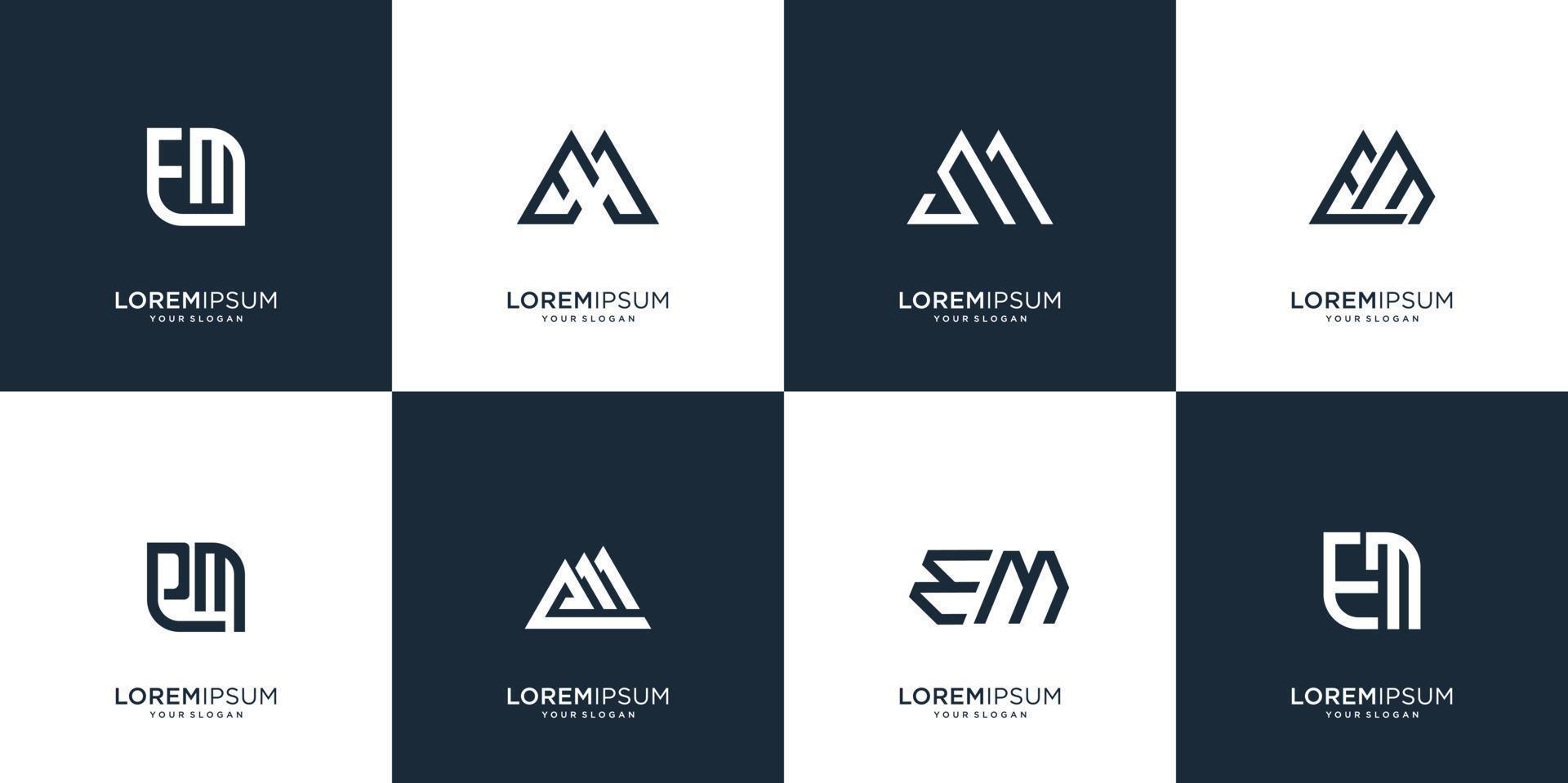 uppsättning av abstrakt brev e och brev m kombination med svart och vit.symbol för företag, inspiration, teknik, lyx.design template.premium vektor