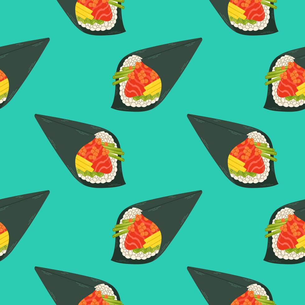 sushi rullar sömlös mönster japan asiatisk mat vektor design isolerat på färgrik bakgrund. vektor illustration