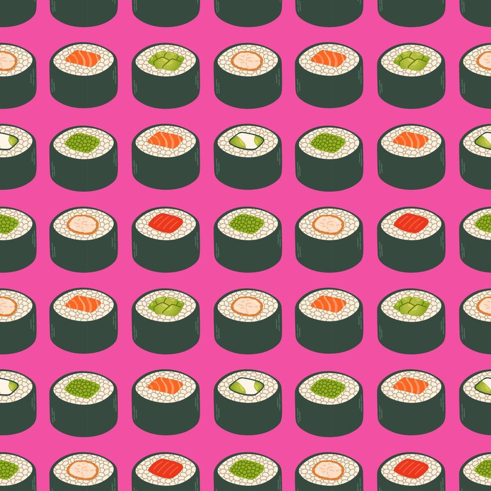 sushi rullar sömlös mönster japan asiatisk mat vektor design isolerat på färgrik bakgrund. vektor illustration