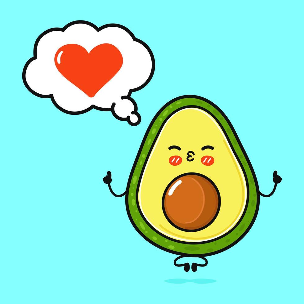 süße lustige avocado beim yoga mit sprechblase. vektor hand gezeichnete karikatur kawaii charakter illustration symbol. isoliert auf blauem Hintergrund. Avocado verliebtes Charakterkonzept