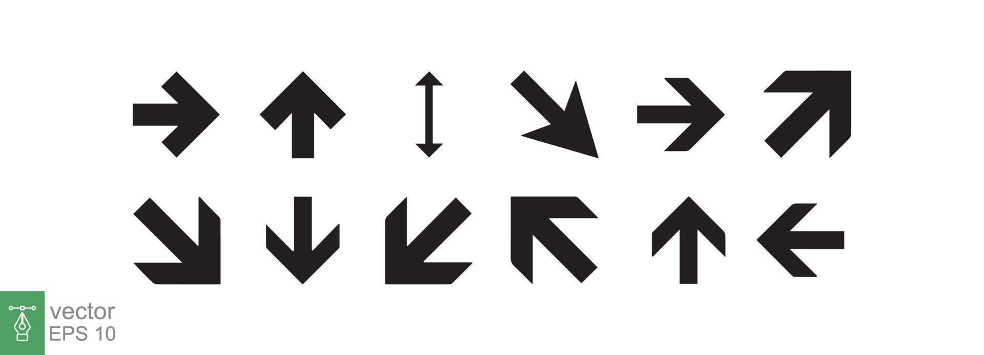 uppsättning av svart pil ikoner. samling annorlunda pilar tecken. runda, riktning tecken för infografik, vänster, höger, smal, framåt- symbol. vektor illustration design isolerat på vit bakgrund eps 10.
