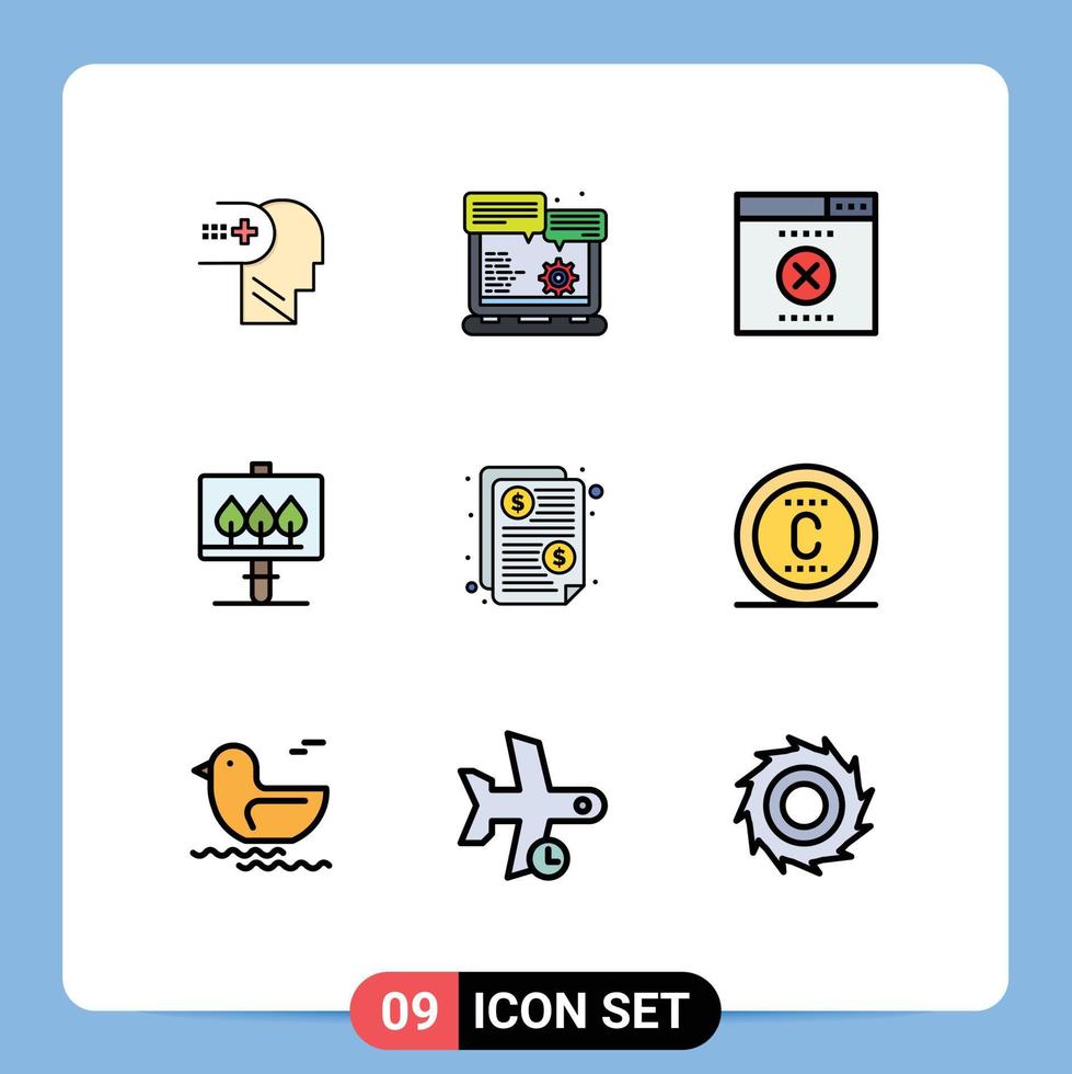 grupp av 9 fylld linje platt färger tecken och symboler för betald faktura fel räkningen tecken redigerbar vektor design element