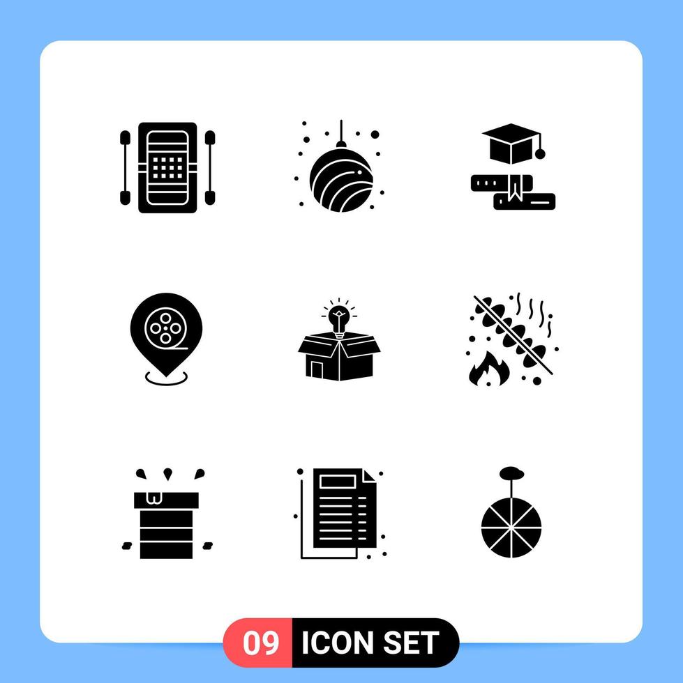 moderner Satz von 9 soliden Glyphen und Symbolen wie Box-Standort neue bearbeitbare Vektordesign-Elemente für Kinobildung vektor
