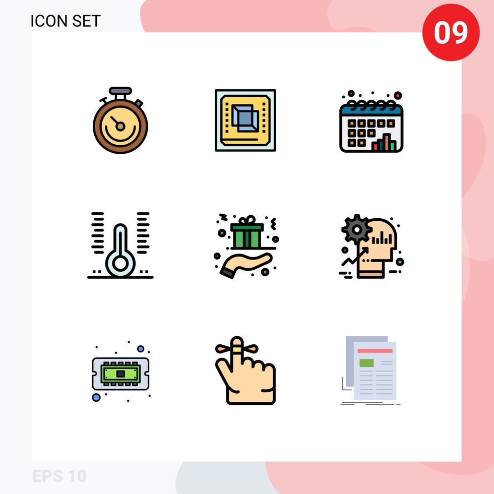 Satz von 9 kommerziellen Filledline-Flachfarbpaketen für Thermometer-Krankenhausprozessor-Gesundheitsdiagramm editierbare Vektordesign-Elemente vektor