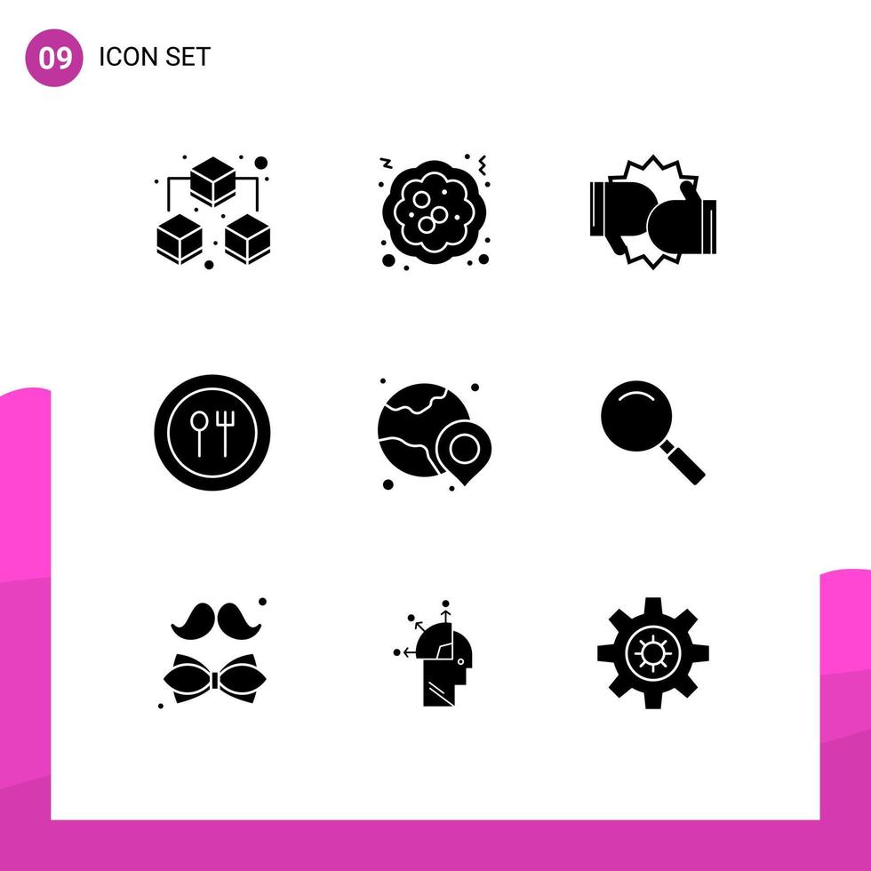 Stock Vector Icon Pack mit 9 Zeilen Zeichen und Symbolen für Globus Platte Boxmesser Essen editierbare Vektordesign-Elemente