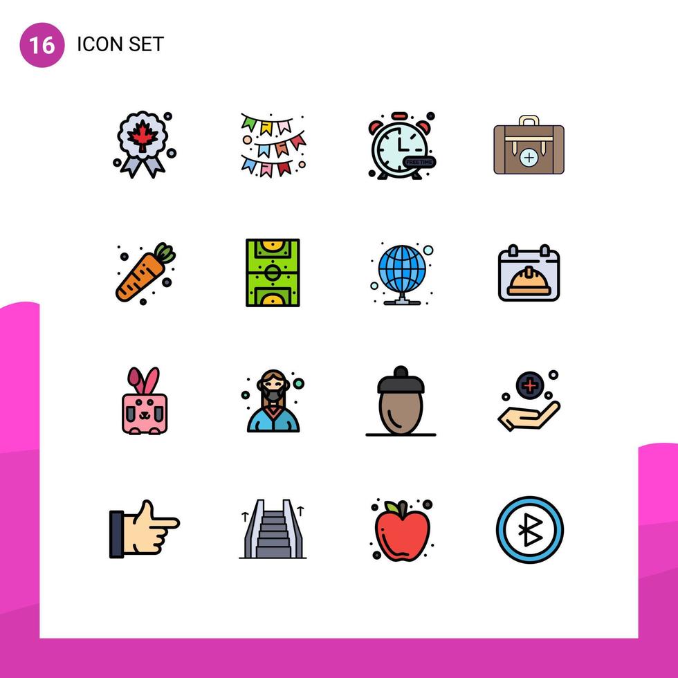 piktogram uppsättning av 16 enkel platt Färg fylld rader av morot vandring timer hälsa väska redigerbar kreativ vektor design element