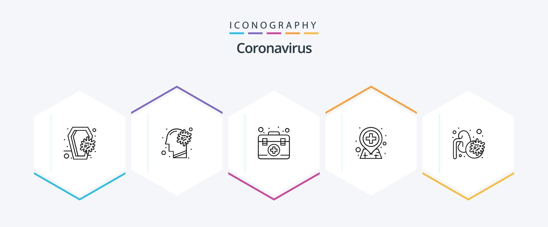 coronavirus 25 linje ikon packa Inklusive sjukdom. plats. virus. sjukhus. låda vektor