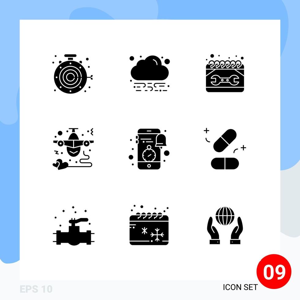 9 tematiska vektor fast glyfer och redigerbar symboler av mobil hjärta konstruktion flyga flygplan redigerbar vektor design element