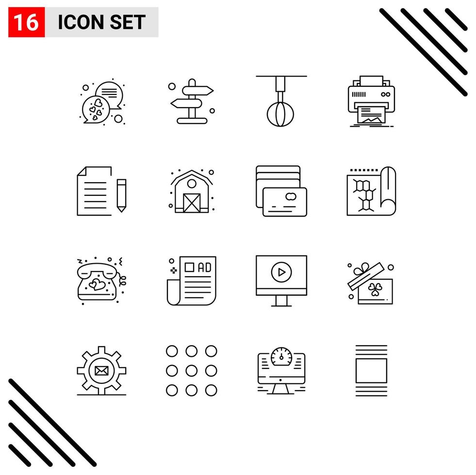 Stock Vector Icon Pack mit 16 Zeilen Zeichen und Symbolen für Papierdruckgeräte Drucker Schneebesen editierbare Vektordesign-Elemente