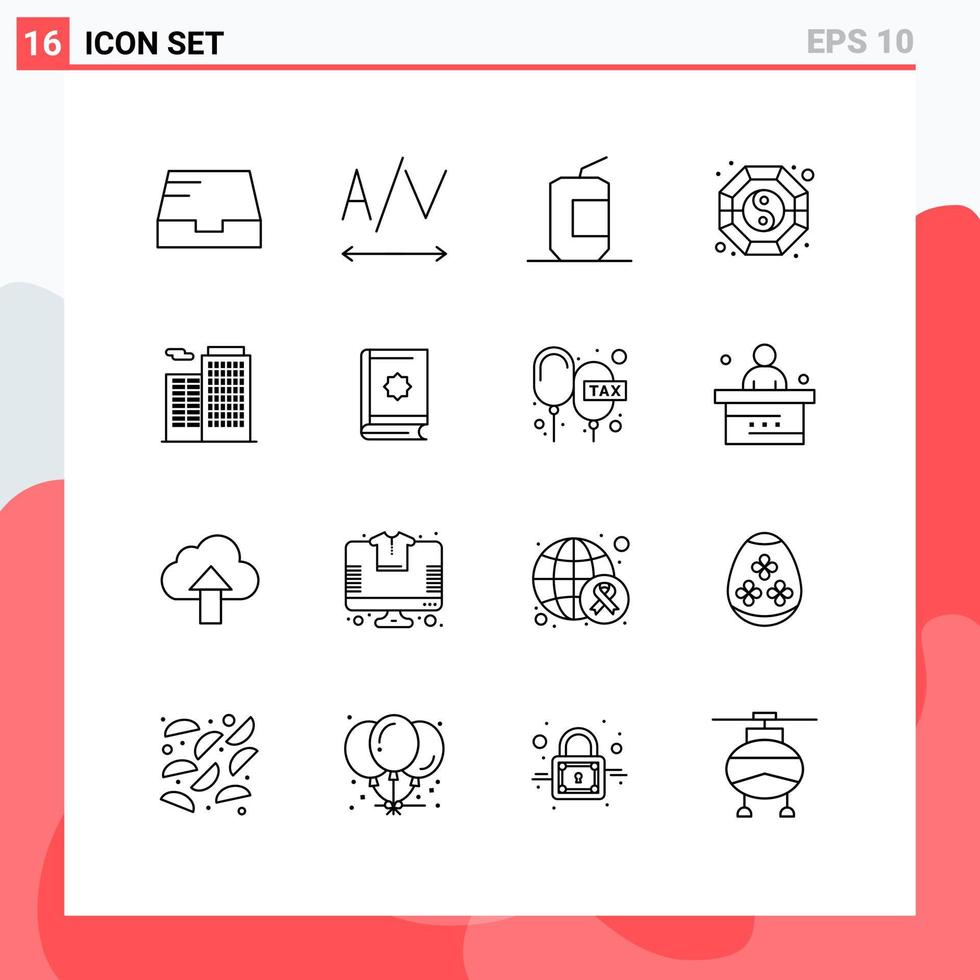 mobil gränssnitt översikt uppsättning av 16 piktogram av quran byggnad snabb mat lägenhet yang redigerbar vektor design element