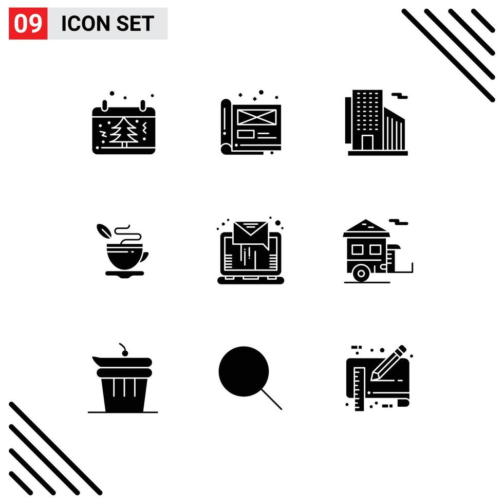 Stock Vector Icon Pack mit 9 Zeilen Zeichen und Symbolen für Kaffeetasse Dokument Tee Wolkenkratzer editierbare Vektordesign-Elemente