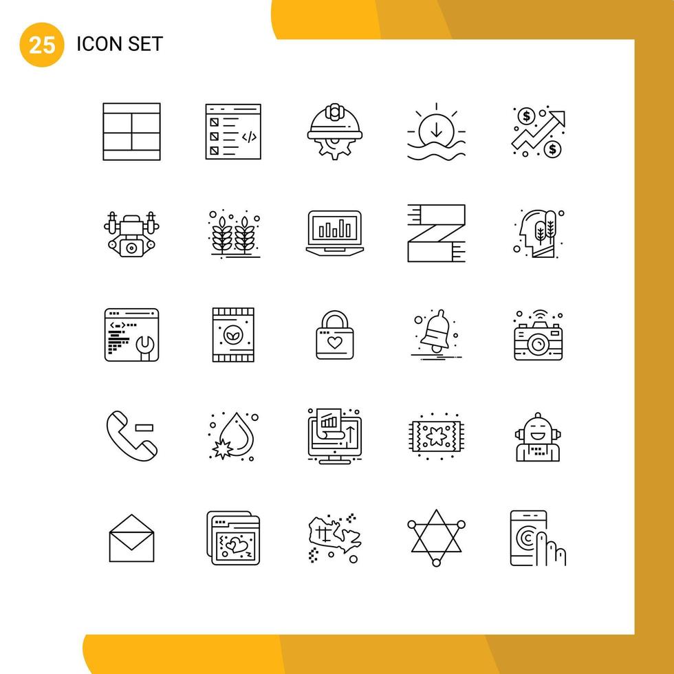 Stock Vector Icon Pack mit 25 Linienzeichen und Symbolen für Wetter, Sonne, Entwicklung, Arbeitsgang, editierbare Vektordesign-Elemente
