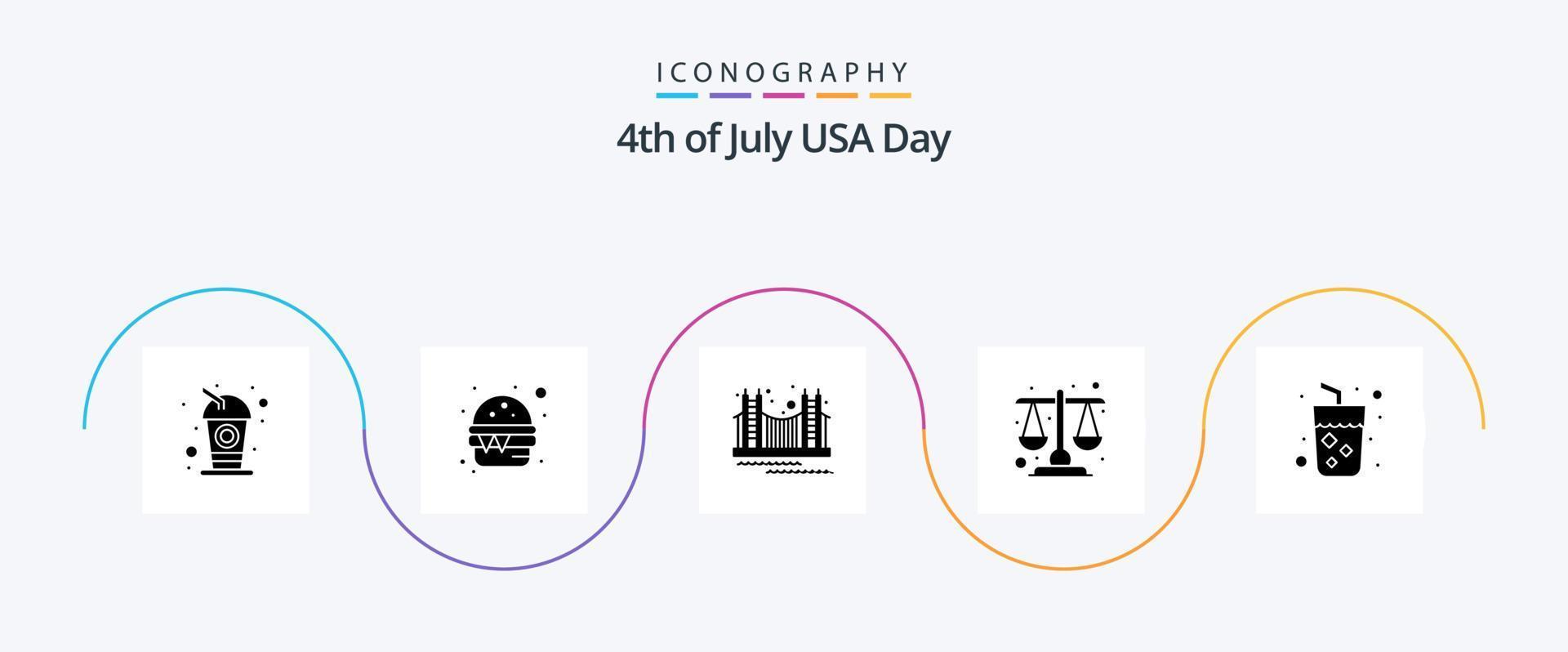 USA glyf 5 ikon packa Inklusive skala. rättvisa. bro. domstol. turism vektor