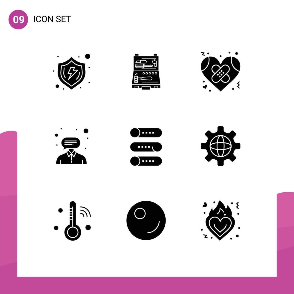 9 solides Glyphenpaket der Benutzeroberfläche mit modernen Zeichen und Symbolen für die Reparatur von Hilfeberatern, die Liebe im Gesundheitswesen bearbeiten, editierbare Vektordesignelemente vektor