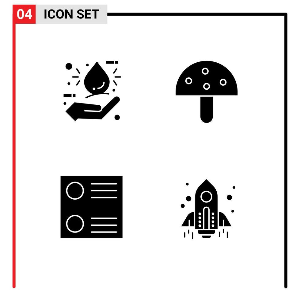 4 solides Glyphen-Konzept für mobile Websites und Apps Bio-Liste hand Pilzrakete editierbare Vektordesign-Elemente vektor