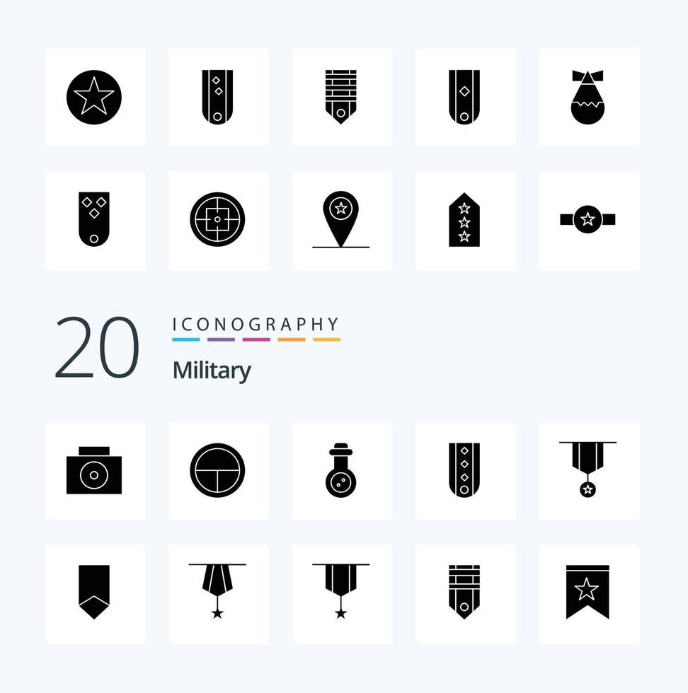 20 militärische solide Glyphen-Icon-Packs wie Rangabzeichen Tube Diamonds Insignia vektor