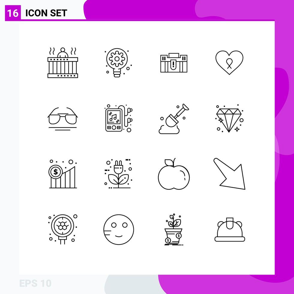 Stock Vector Icon Pack mit 16 Linienzeichen und Symbolen für Liebesreiseausrüstungskoffer mit editierbaren Vektordesignelementen