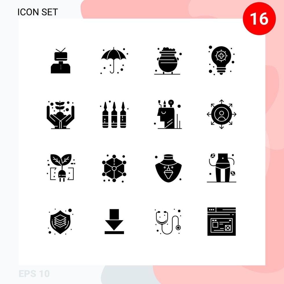 mobil gränssnitt fast glyf uppsättning av 16 piktogram av tillväxt ljus Glödlampa våt innovation metall redigerbar vektor design element