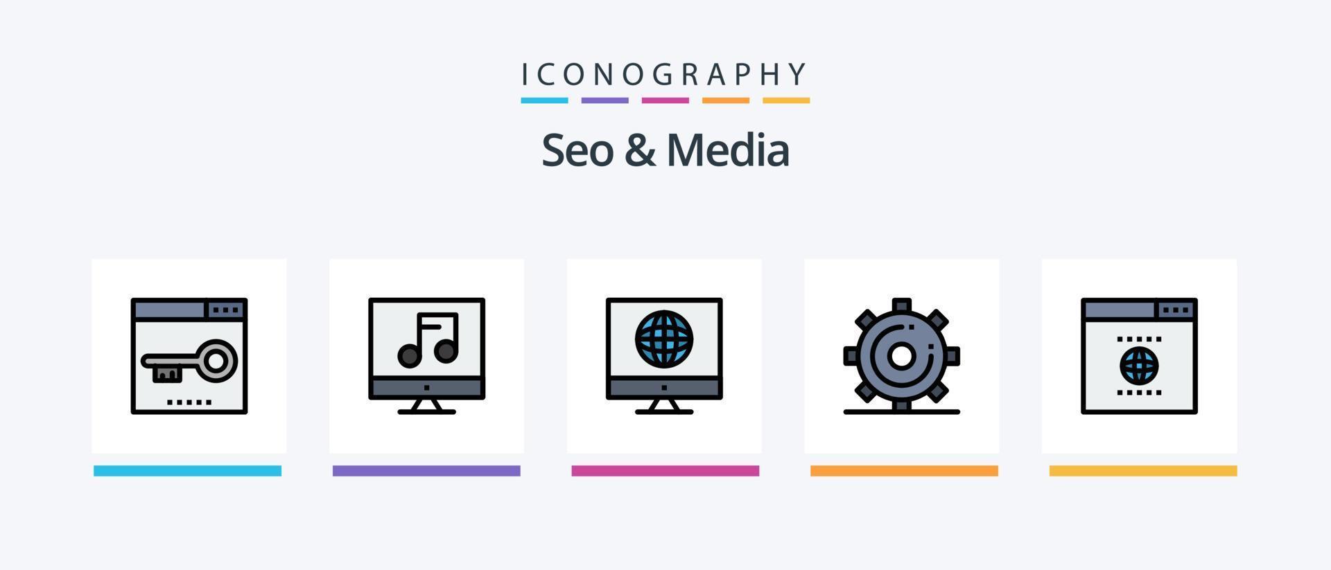 SEO und Medienlinie gefülltes 5-Icon-Paket inklusive Optimierung. verlinken. Optimierung. Motor. rollen. kreatives Symboldesign vektor