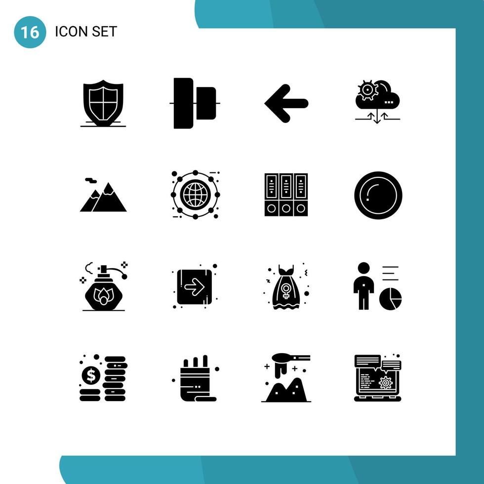 16 solides Glyphenkonzept für mobile Websites und Apps Berg Pfeil Pfeilzahnrad Cloud editierbare Vektordesign-Elemente vektor