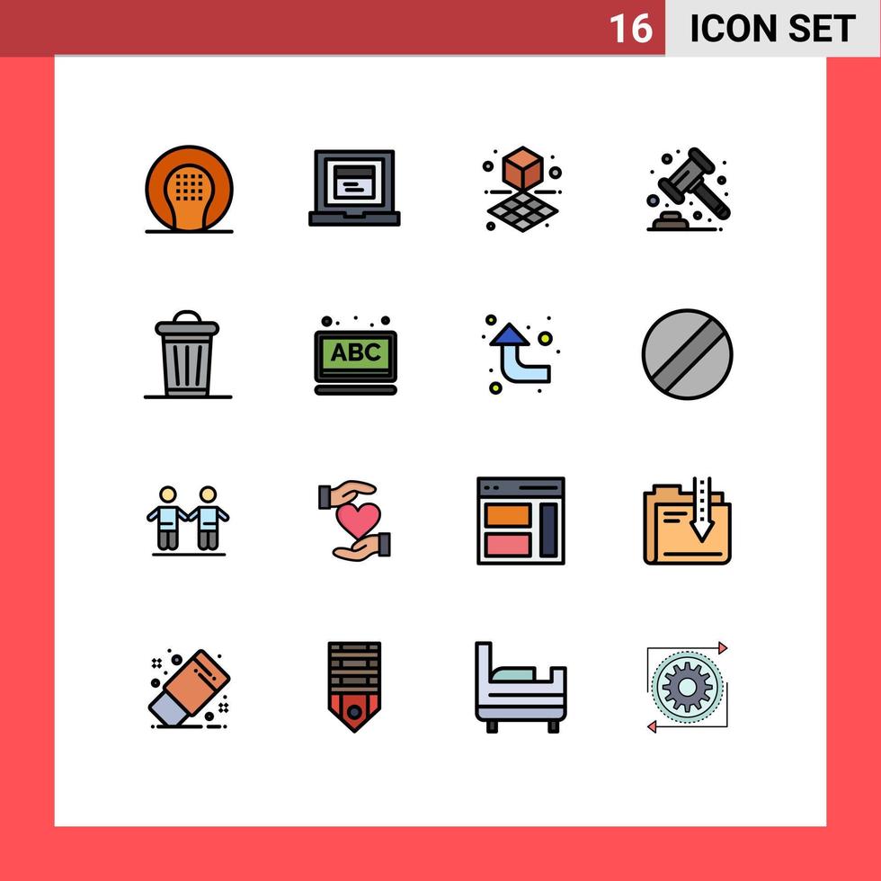 Packung mit 16 modernen, flachen, farbgefüllten Linien, Zeichen und Symbolen für Web-Printmedien wie Power Environment Cube Banking Hammer, editierbare kreative Vektordesign-Elemente vektor