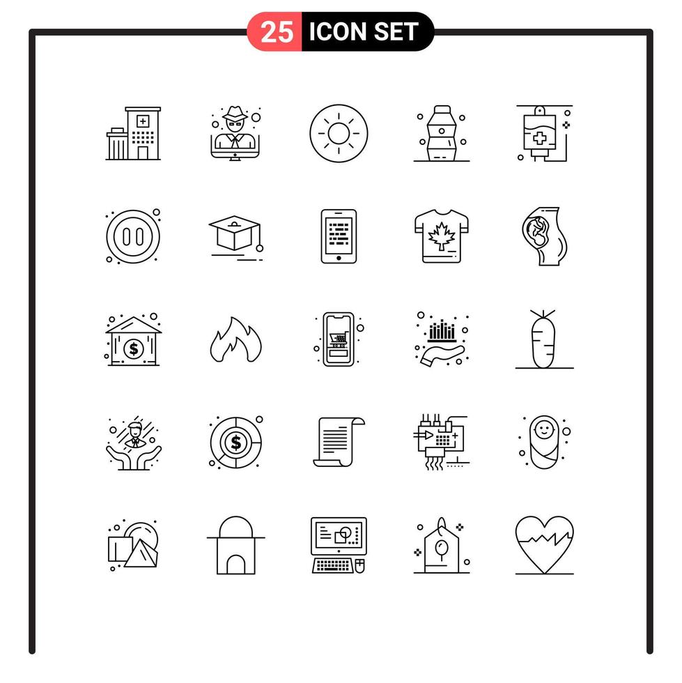 Aktienvektor-Icon-Pack mit 25 Zeilenzeichen und Symbolen für Audio-Krankenhaus-Helligkeit, Gesundheitswesen, Lebensmittel, editierbare Vektordesign-Elemente vektor