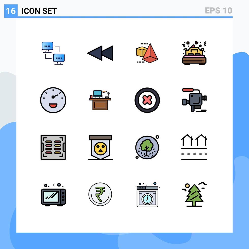 Gruppe von 16 modernen, flachen, farbgefüllten Linien, die für Computerleistung eingestellt werden. Dreiecksmessgerät, Hochzeit, editierbare, kreative Vektordesign-Elemente vektor