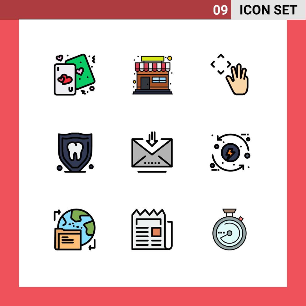 9 universell fylld linje platt färger uppsättning för webb och mobil tillämpningar e-post tand hand säkerhet försäkring redigerbar vektor design element