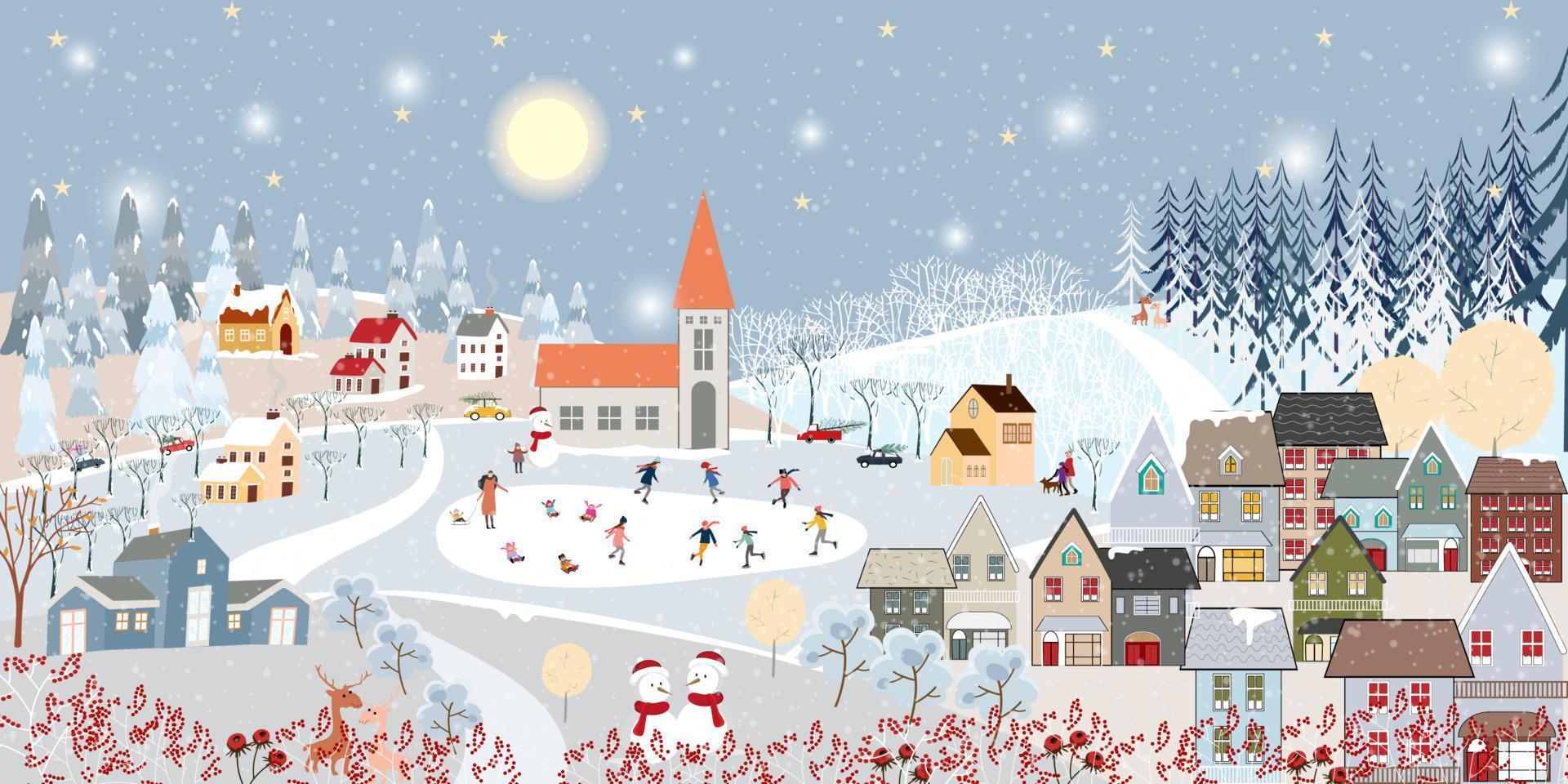 vinter- landskap, fira jul och ny år i by på natt med Lycklig polär Björn spelar spelar is skridskor i de park, vektor av horisontell baner vinter- sagoland i landsbygden