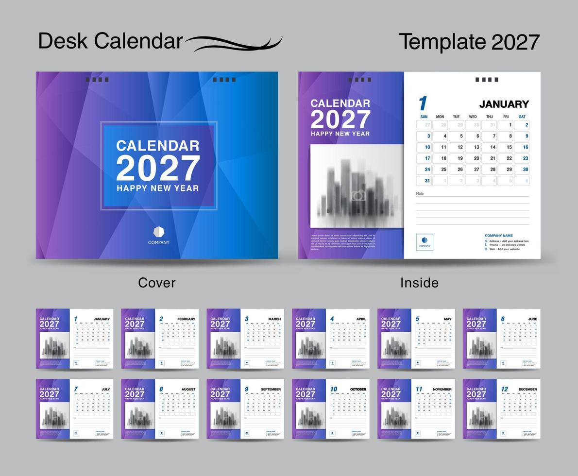 skrivbord kalender 2027 mall uppsättning och blå omslag design, uppsättning av 12 månader, kreativ kalender 2027 design, vägg kalender 2027 år, planerare, företag mall, brevpapper, utskrift media, annons vektor