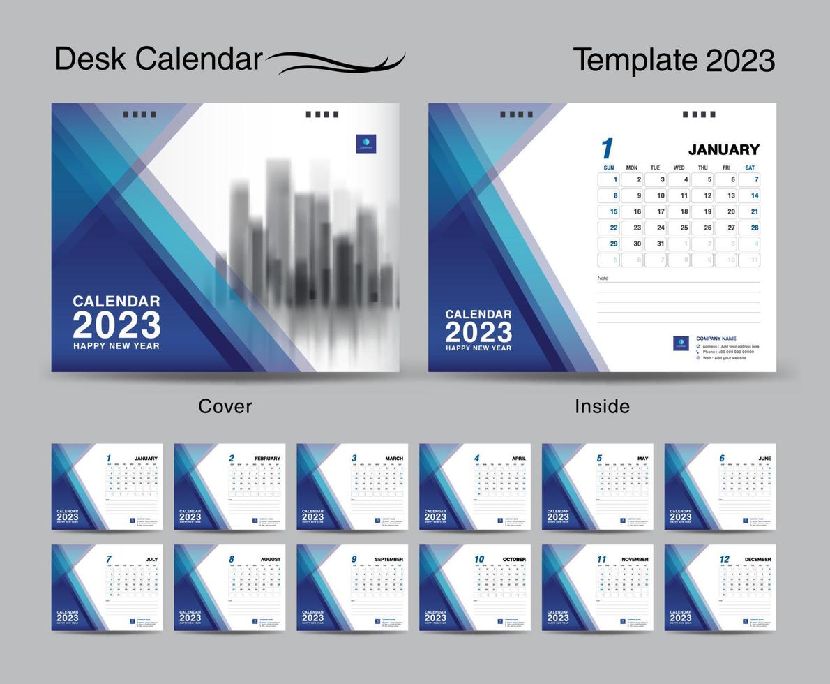 skrivbord kalender 2023 mall uppsättning och blå polygon omslag design, uppsättning av 12 månader, kreativ kalender 2023 design, vägg kalender 2023 år, planerare, företag mall, brevpapper, utskrift media, vektor