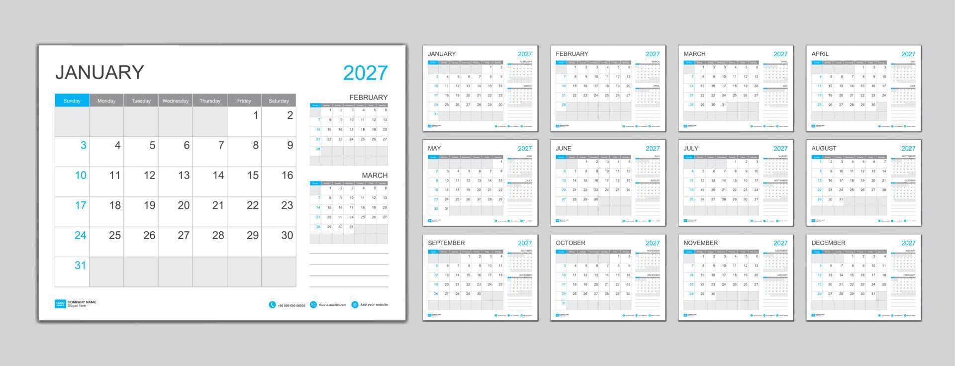 en gång i månaden kalender mall för 2027 år, planerare 2027 år, vecka börjar på söndag. vägg kalender i en minimalistisk stil, skrivbord kalender 2027 mall, ny år kalender design, företag mall vektor
