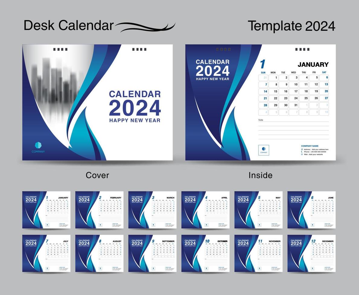 skrivbord kalender 2024 mall uppsättning och blå Vinka omslag design, uppsättning av 12 månader, kreativ kalender 2024 design, vägg kalender 2024 år, planerare, företag mall, brevpapper, utskrift media, vektor