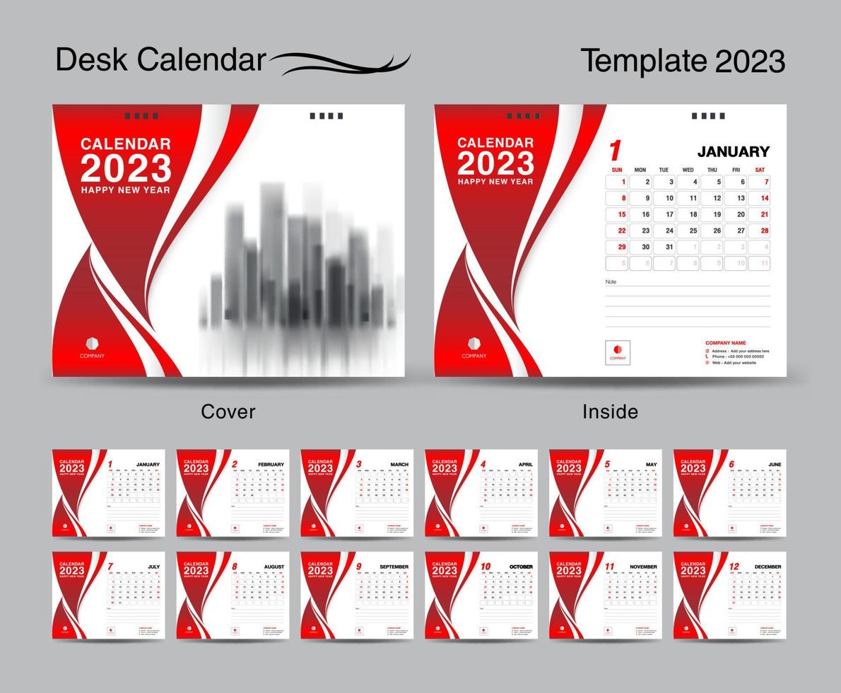 Tischkalender 2023 Vorlagensatz und rotes Wellencover-Design, Satz von 12 Monaten, kreatives Kalender 2023 Design, Wandkalender 2023 Jahr, Planer, Geschäftsvorlage, Schreibwaren, Druckmedien, Vektor