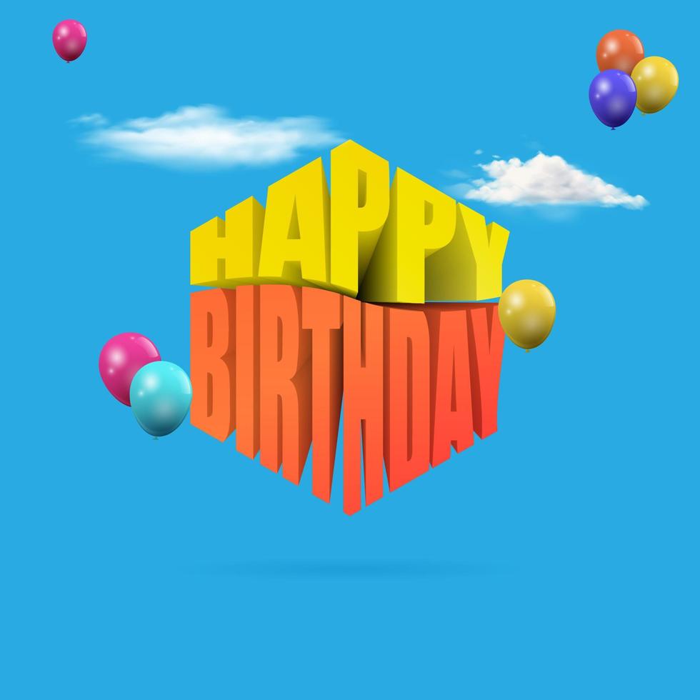 födelsedag kort mallar. firande hälsning text med ballong och moln dekoration. 3d vektor illustration