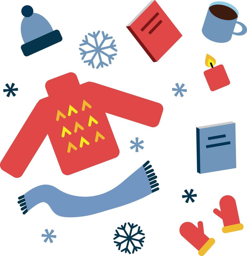 mysigt vinter, vektor uppsättning. Tröja, hatt, scarf, vantar, böcker, ljus, råna och snöflingor.