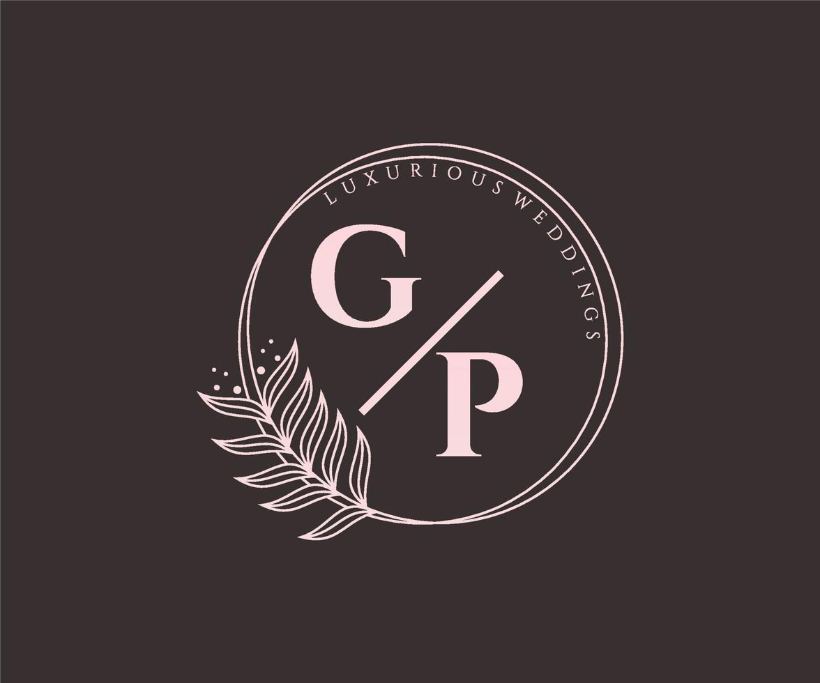 gp initialen brief hochzeitsmonogramm logos vorlage, handgezeichnete moderne minimalistische und florale vorlagen für einladungskarten, datum speichern, elegante identität. vektor