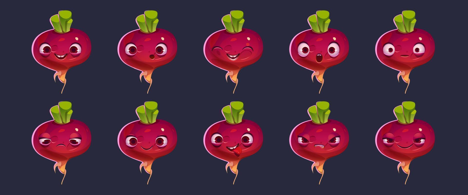 niedliches rote-beete- oder rüben-charakter-gesicht-emoji-set vektor