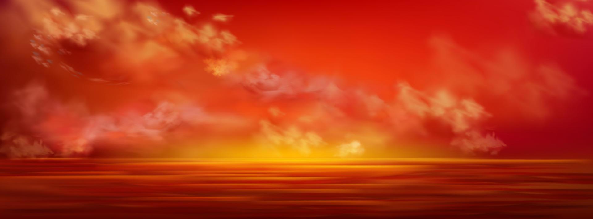 solnedgång himmel i hav, röd moln flygande över hav vektor