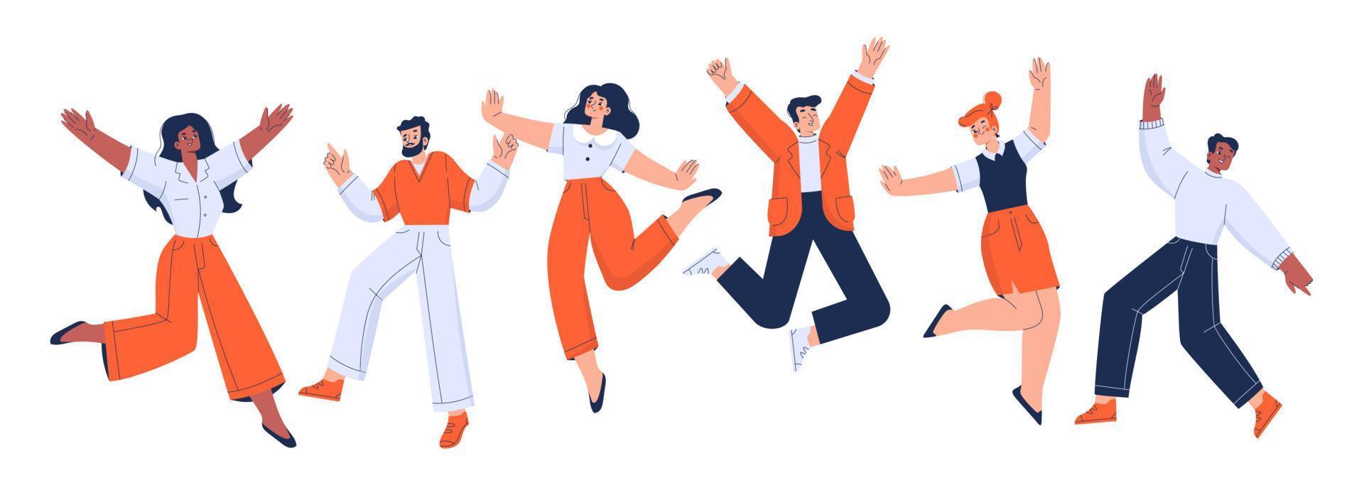 glückliche Büroangestellte springen mit erhobenen Armen vektor