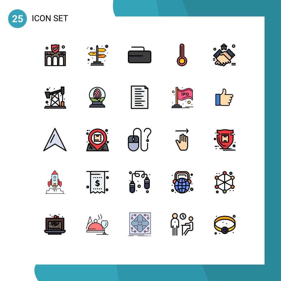 uppsättning av 25 vektor fylld linje platt färger på rutnät för hus egendom curling avtal termometer redigerbar vektor design element
