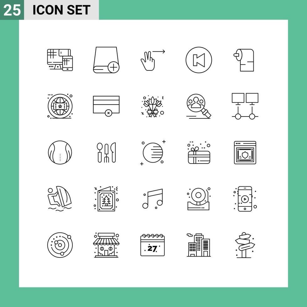Stock Vector Icon Pack mit 25 Zeilenzeichen und Symbolen für Gewebereinigungsgeräte vorheriger Pfeil editierbare Vektordesign-Elemente