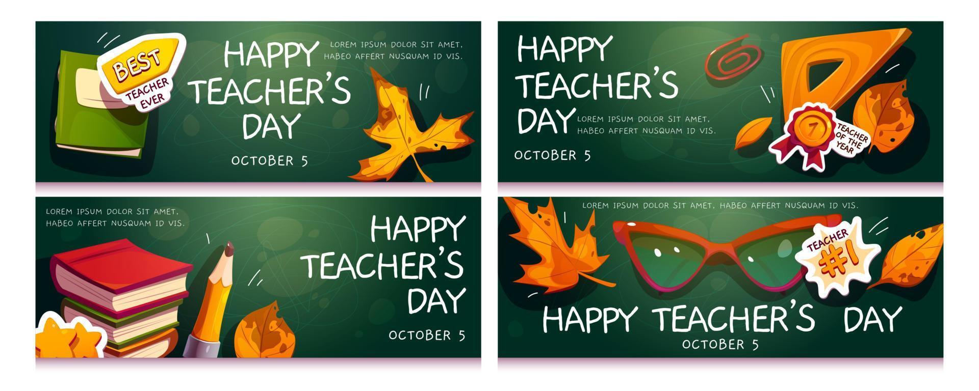 Happy Teacher Day Banner mit Schulmaterial vektor