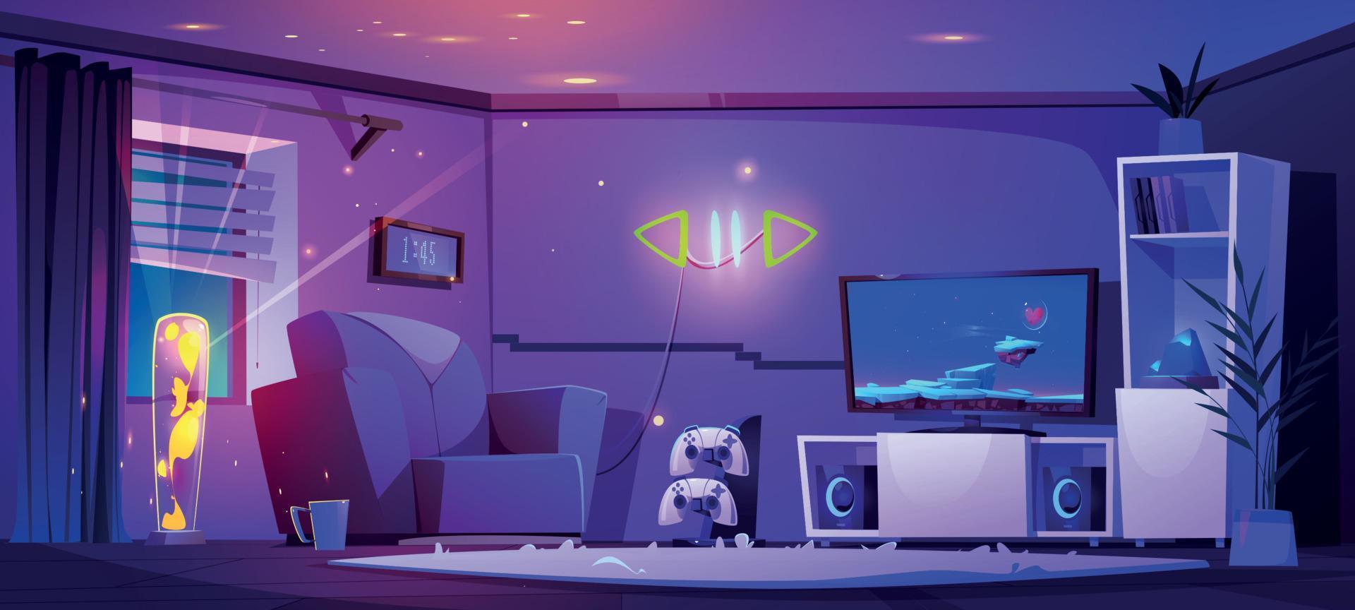 levande rum interiör på natt med gamer grejer vektor