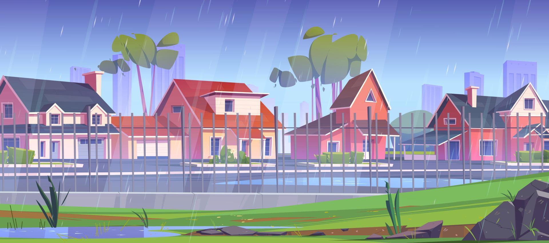 förorts område på regn, gata med stuga hus vektor